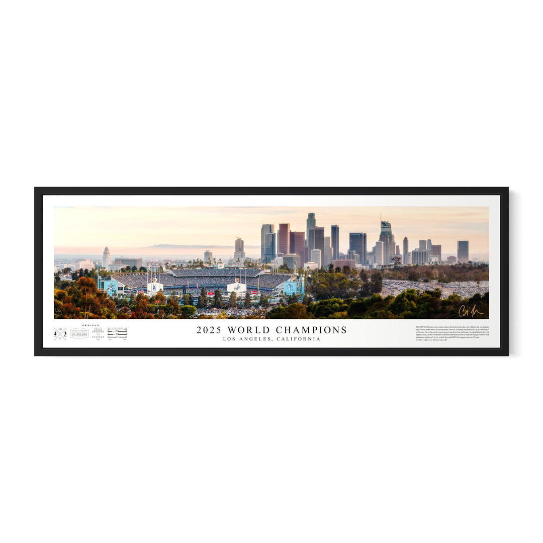 2025 Los Angeles Dodgers World Champions panoramic fine art print, Dodger Stadium and LA skyline baseball wall art