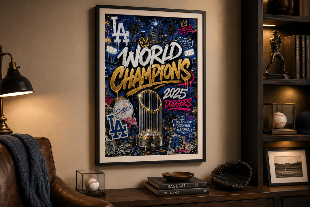 Dodgers championship printable wall art displayed in a refined baseball man cave and game room