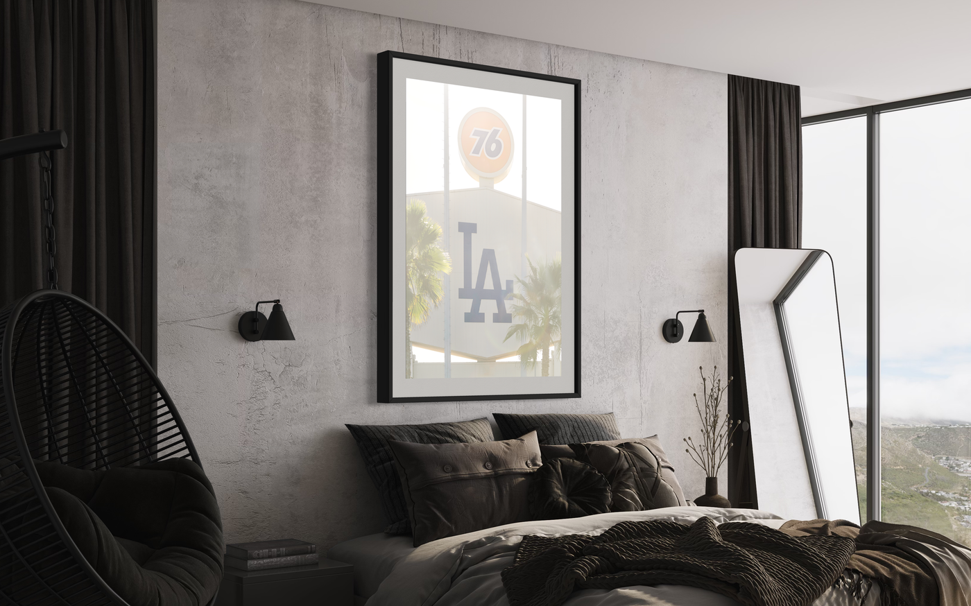 76 & LA Dodger Stadium fine art print displayed in a styled room interior 4