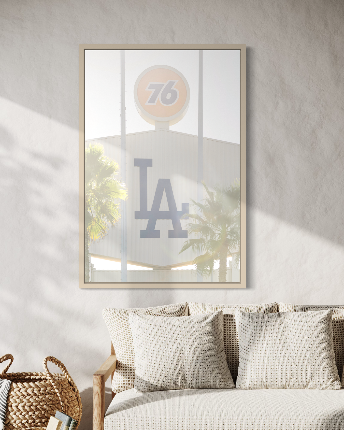 76 & LA Dodger Stadium fine art print displayed in a styled room interior 3