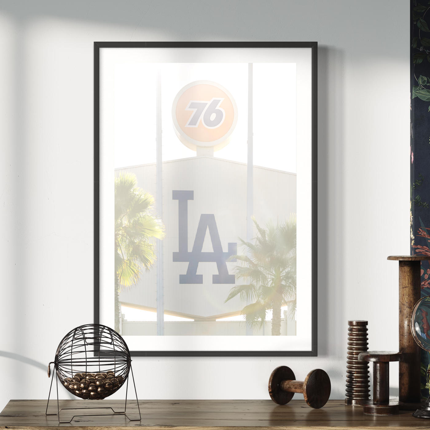 76 & LA Dodger Stadium fine art print displayed in a styled room interior 2