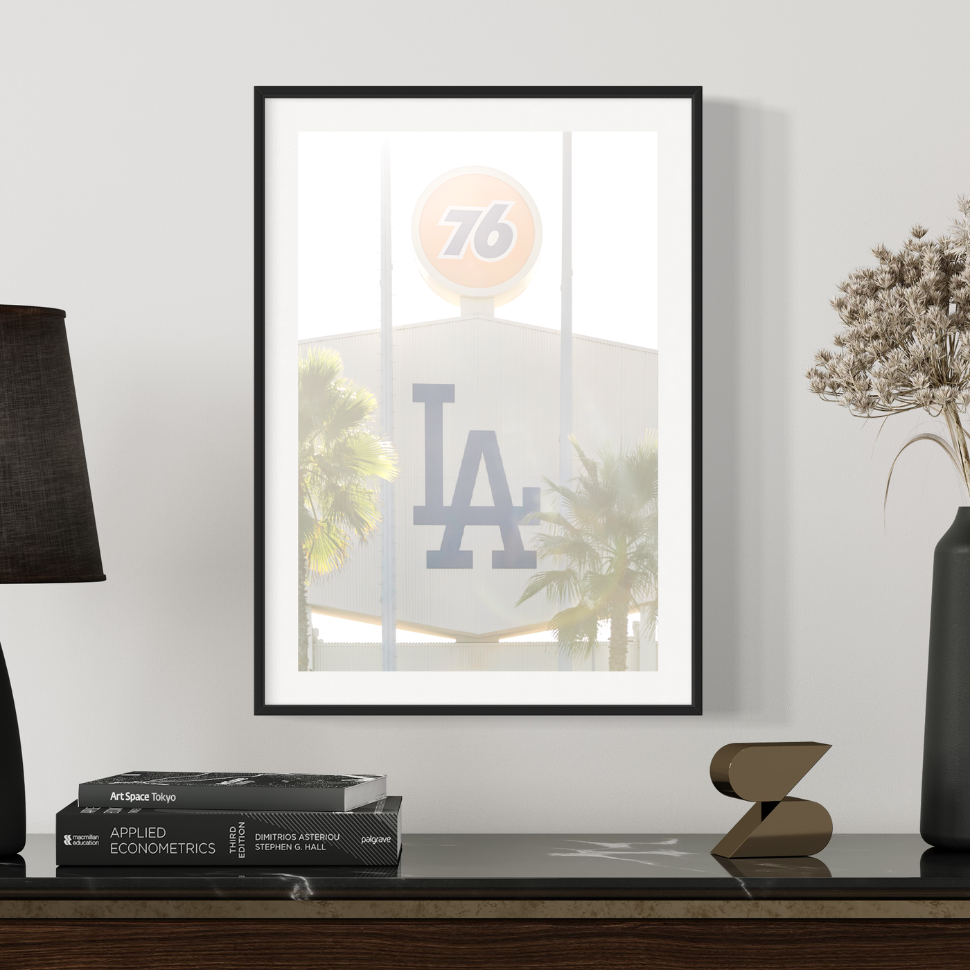 76 & LA Dodger Stadium fine art print displayed in a styled room interior 1