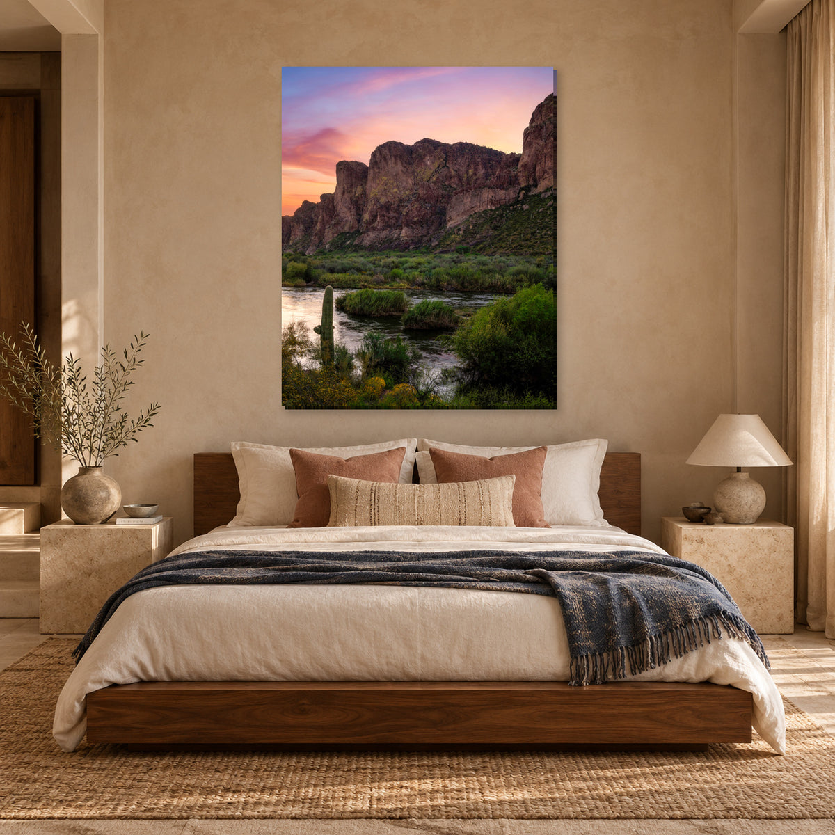Arizona desert river and sunrise photography print displayed in a clay bedroom, without a frame; room mockup.