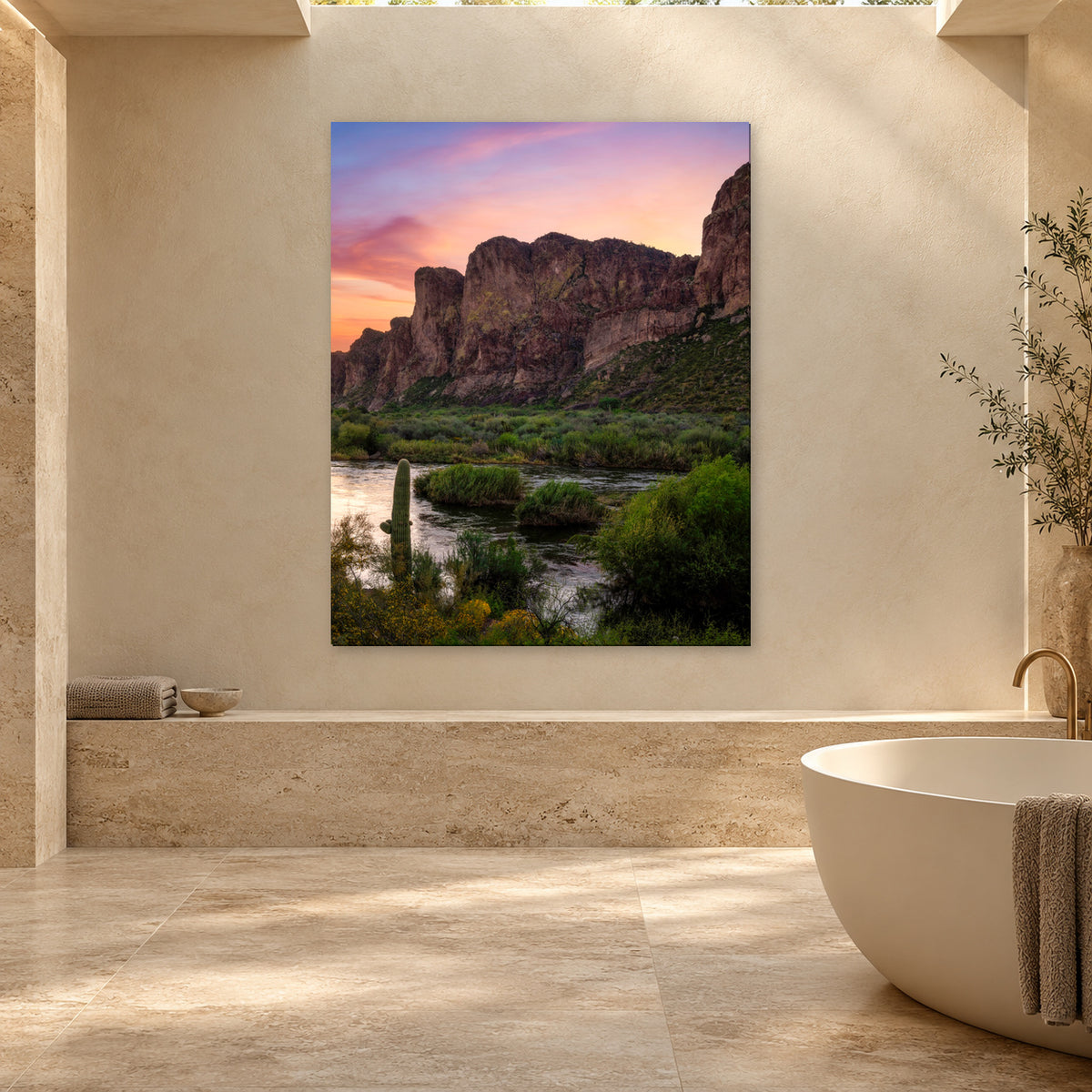 Arizona desert river and sunrise photography print displayed in a travertine spa, without a frame; room mockup.