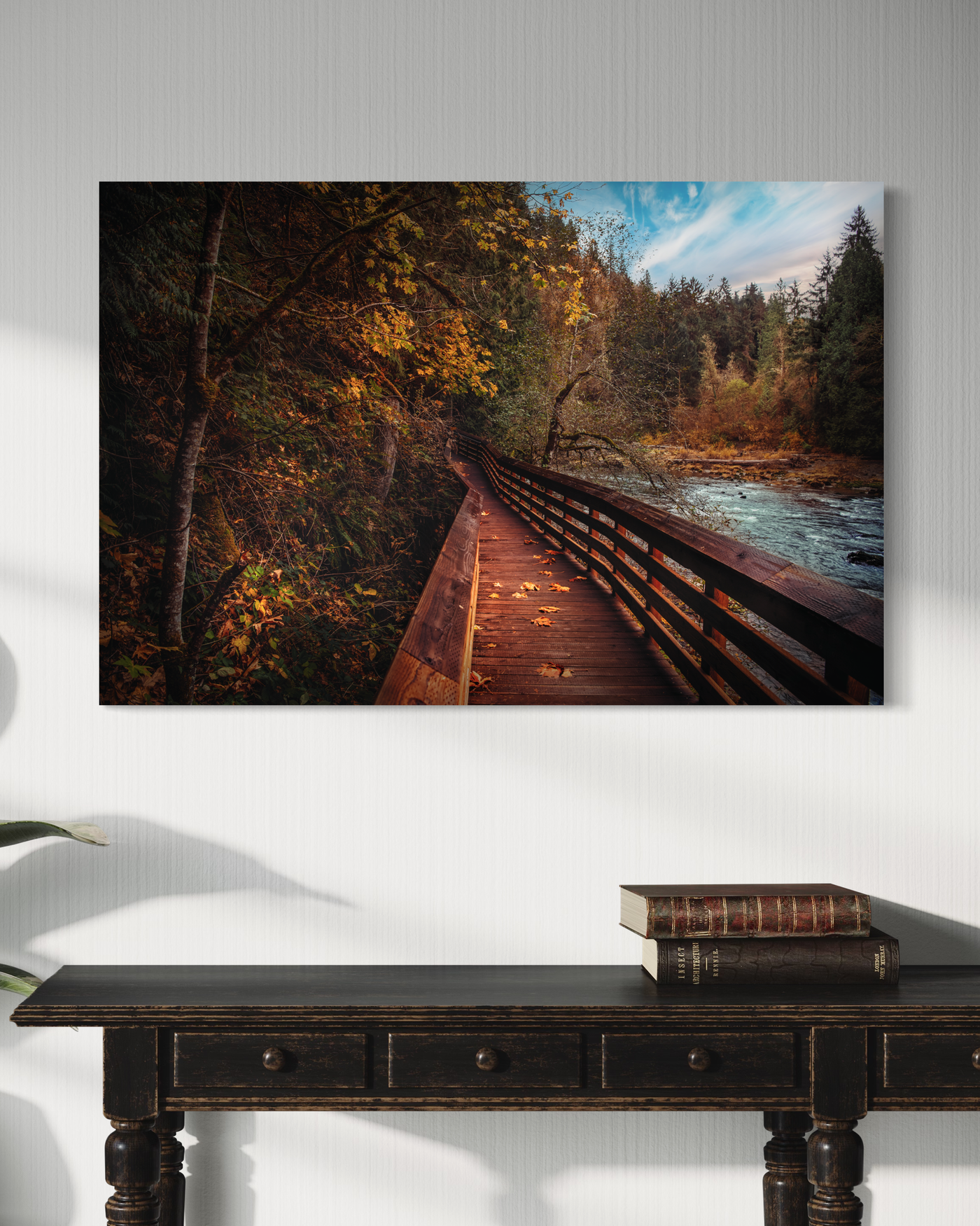 Autumn Forest Boardwalk Pacific Northwest displayed in an elegant room interior