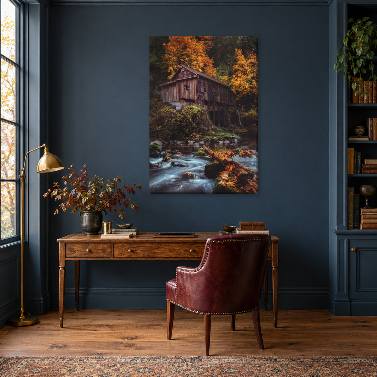 Autumn grist mill photography print displayed in a navy study, without a frame; room mockup.