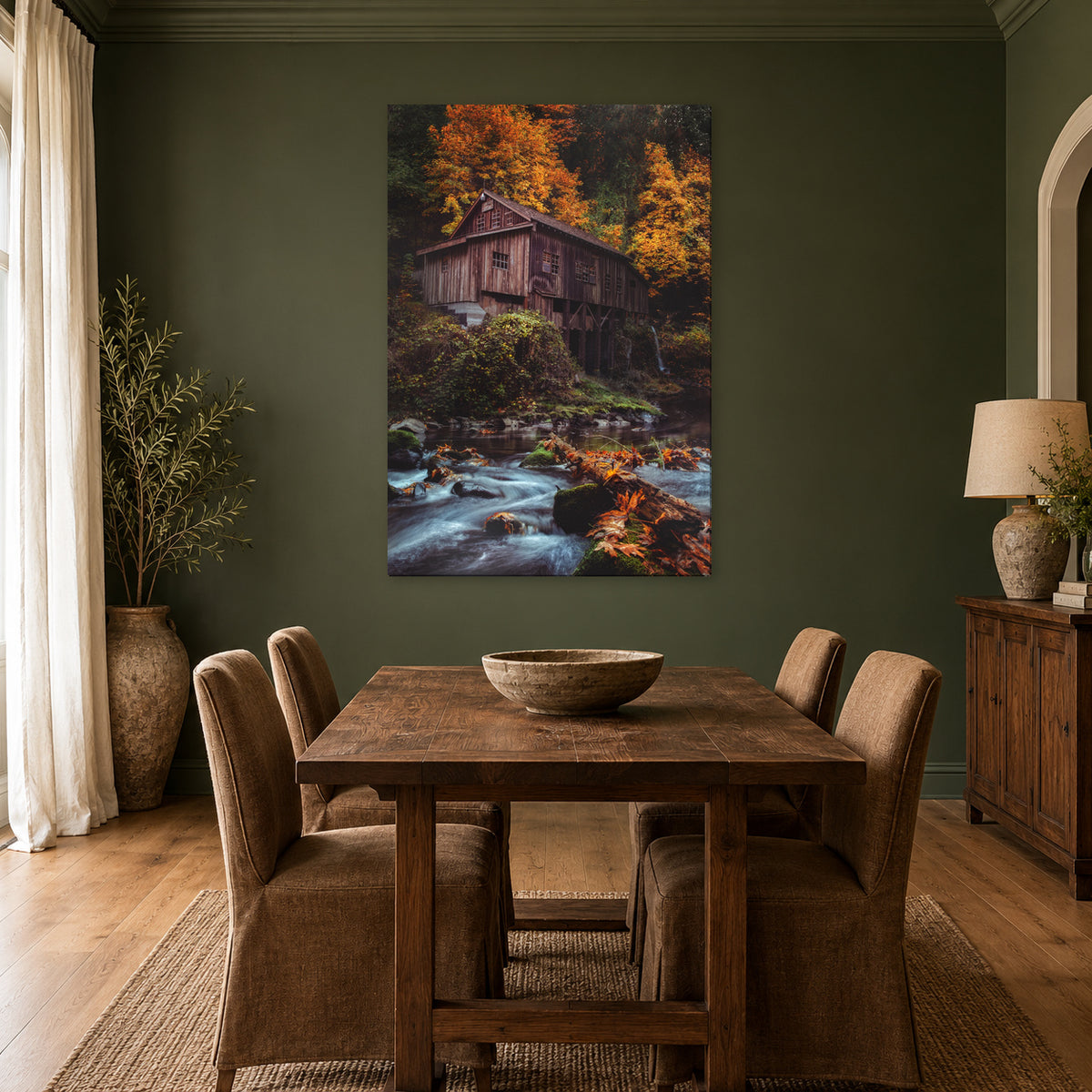 Autumn grist mill photography print displayed in a forest dining room, without a frame; room mockup.
