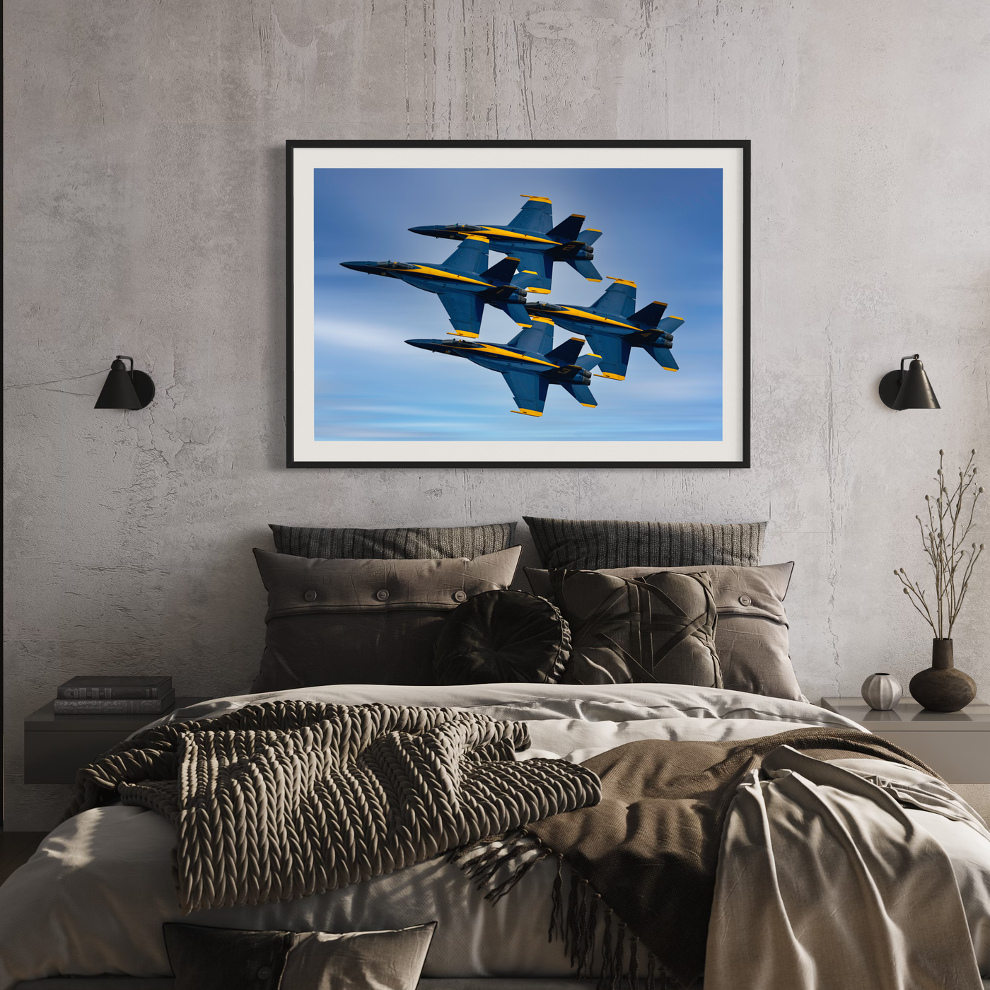 Blue Angels Jet Formation Fine Art Aviation displayed in a styled room interior