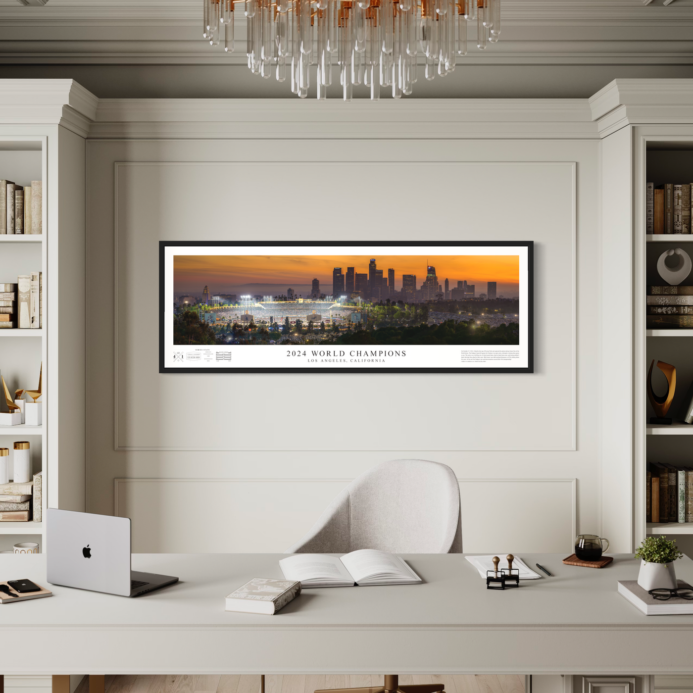 Dodgers 2024 World Series Champions panoramic poster displayed in a styled room interior 1