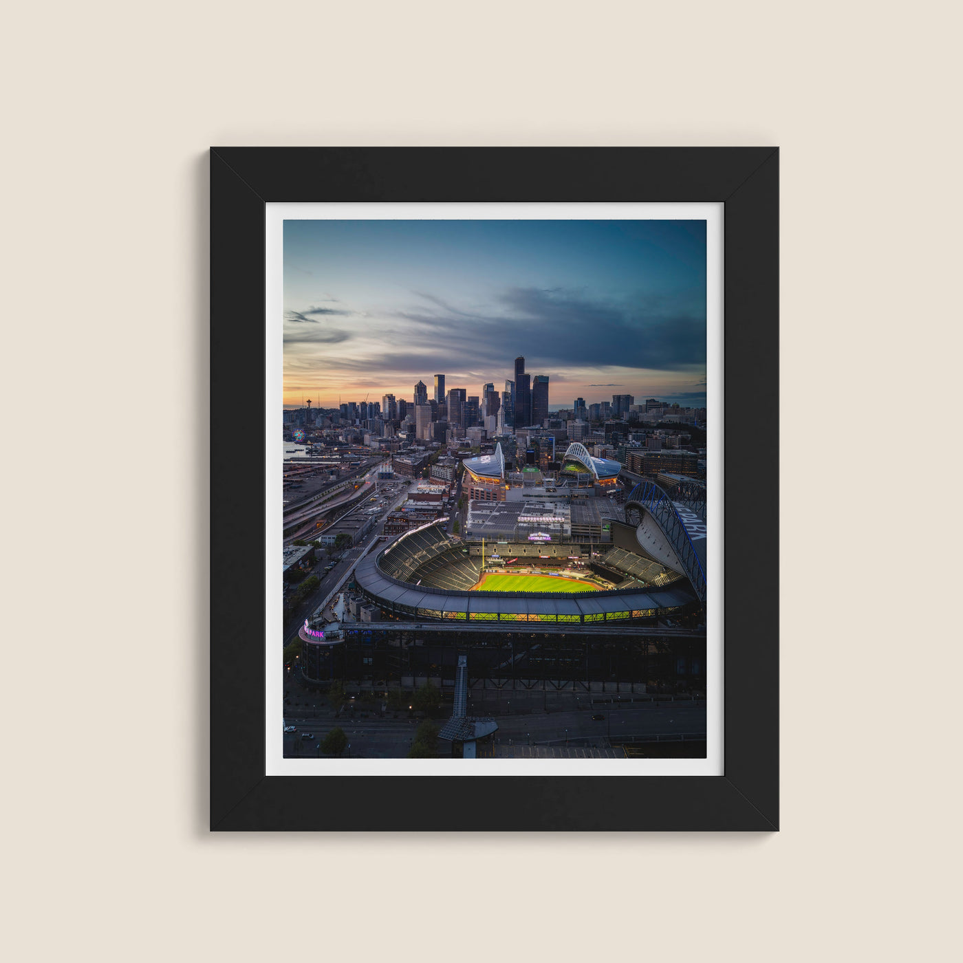 Seattle Skyline Sunset Aerial displayed in a refined room interior