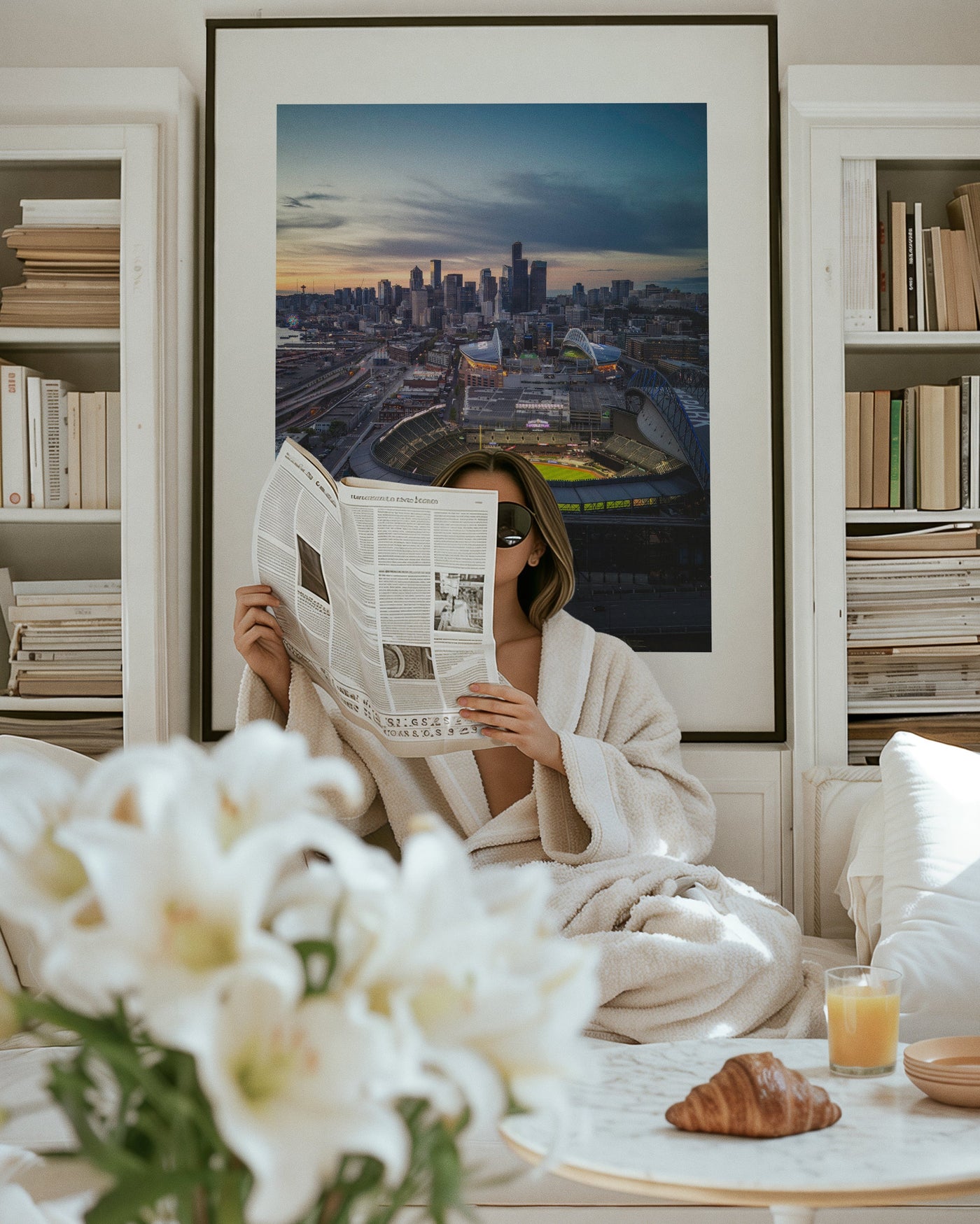Seattle Skyline Sunset Aerial displayed in a contemporary room interior