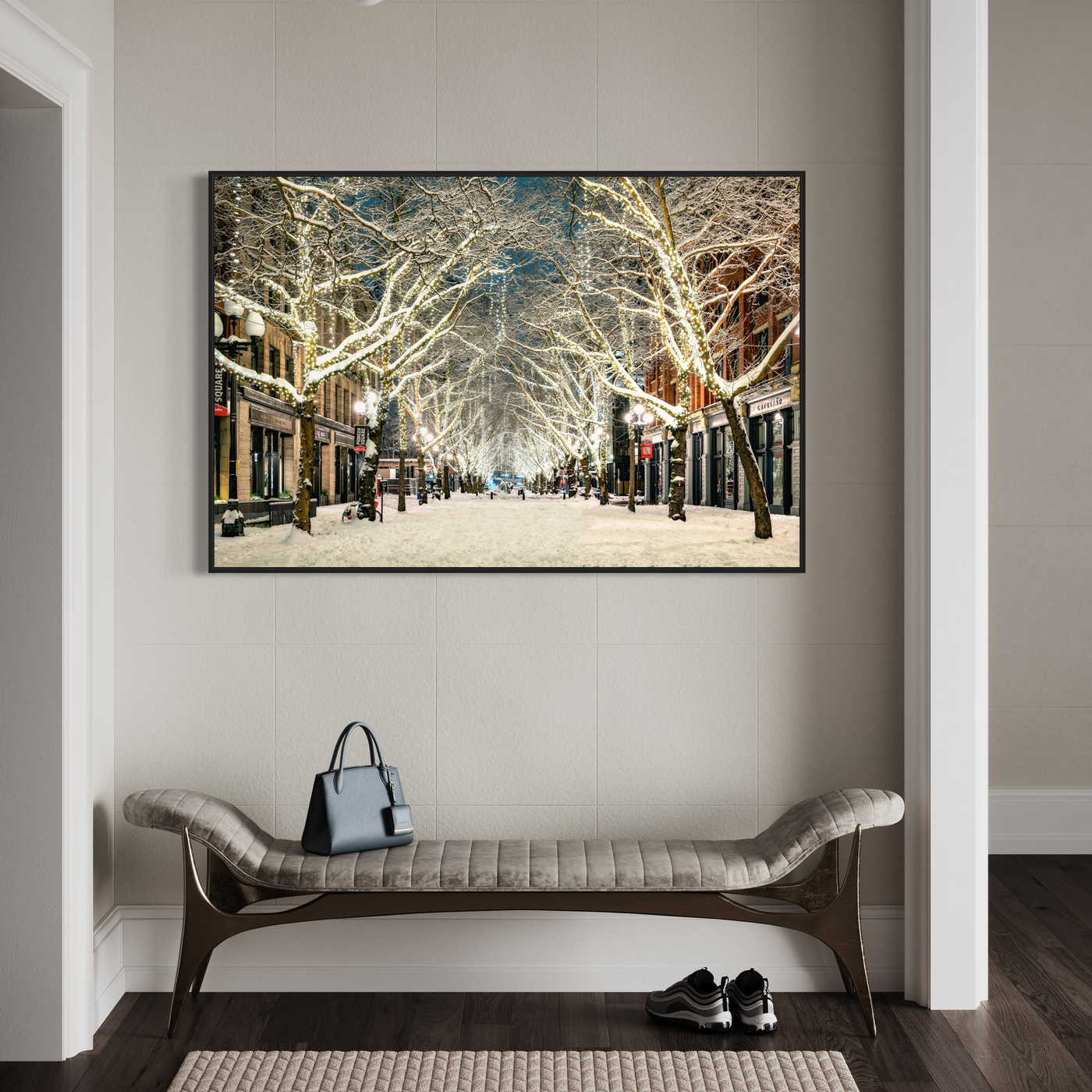 Snowy Pioneer Square Seattle Limited Edition displayed in an elegant room interior