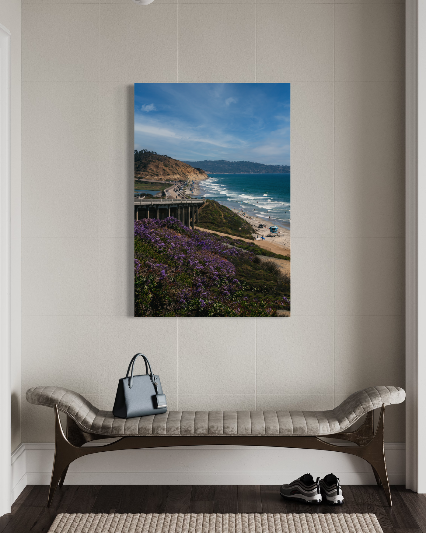 Del Mar Beach California Coastal displayed in an elegant room interior