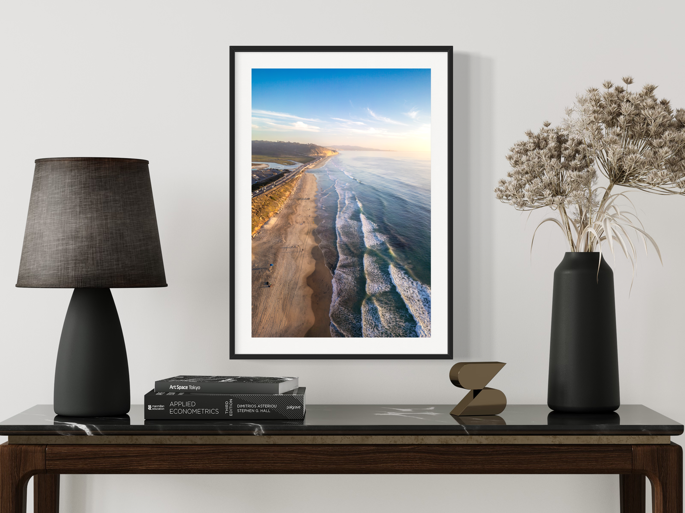 Del Mar California Aerial Beach displayed in a refined room interior