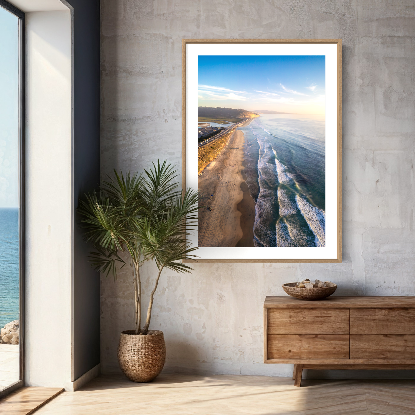 Del Mar California Aerial Beach displayed in an elegant room interior