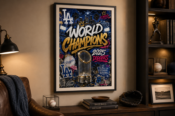 Los Angeles championship printable poster displayed in a refined baseball collector room