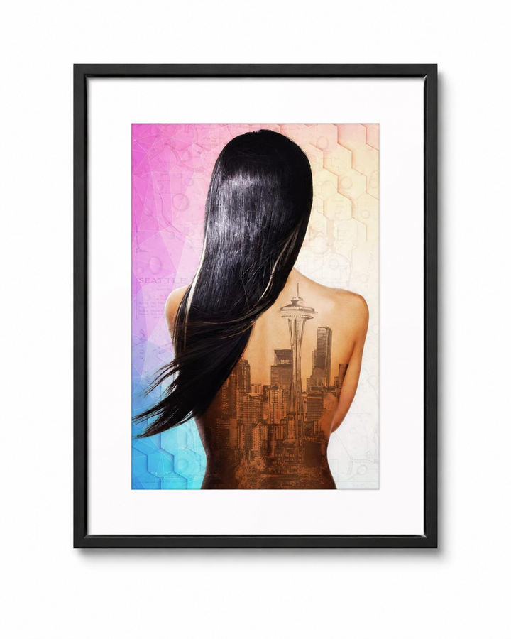 Seattle Skyline Vibrant City Poster in a black frame with white mat