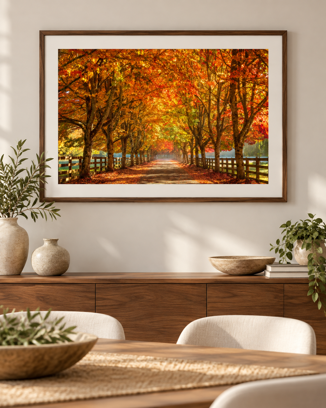 Golden Autumn Tree Tunnel 3:2 fine art photograph displayed in an elegant dining room over a wooden sideboard; digitally staged mockup, frame not included