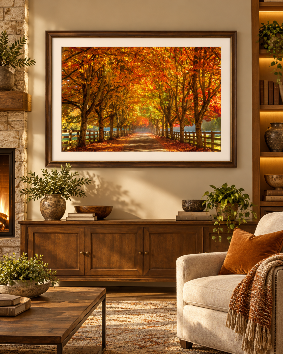 Golden Autumn Tree Tunnel 3:2 fine art photograph displayed in a warm reading lounge; digitally staged mockup, frame not included