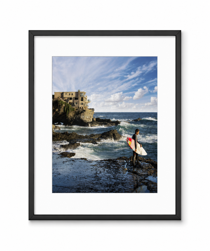 Laguna Beach High Surf Coastal Fine Art Print in a black frame with white mat