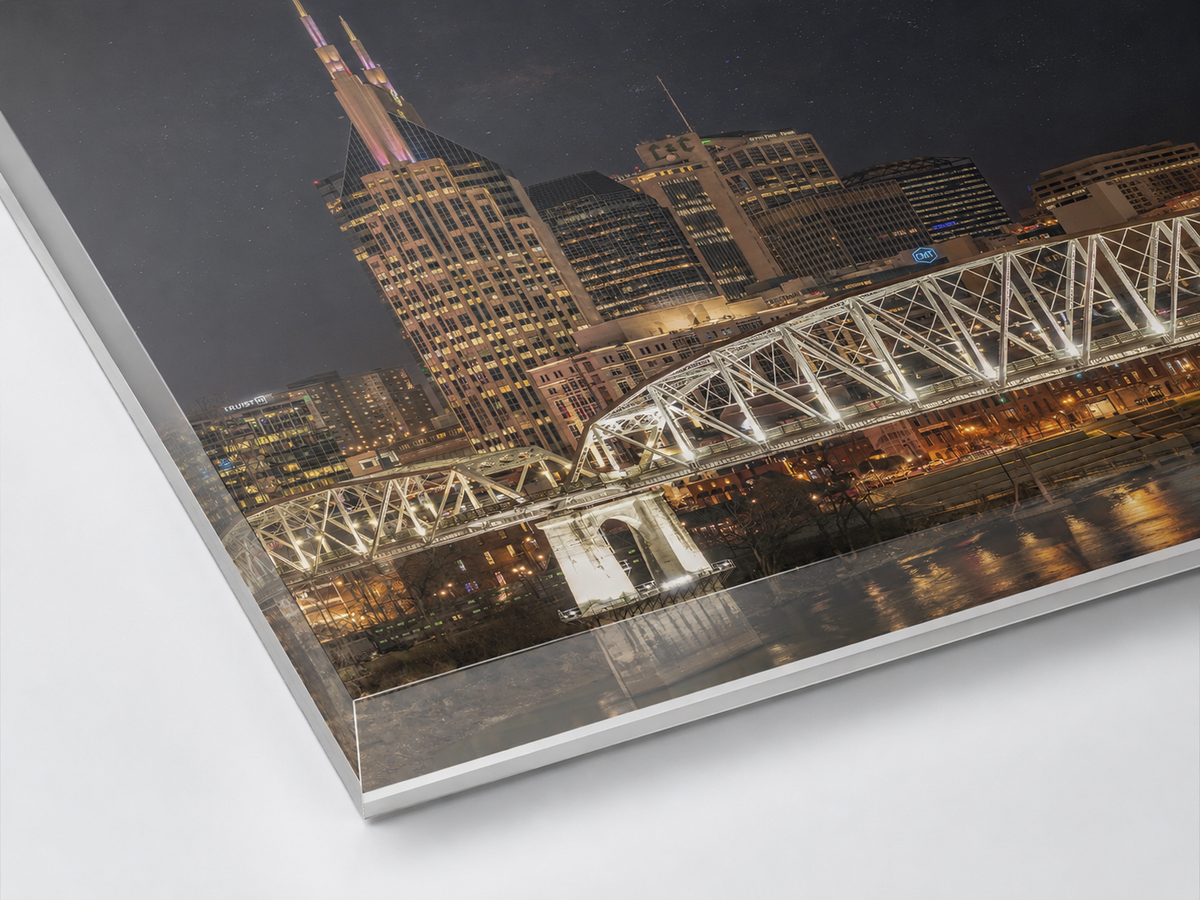 Nashville skyline at night fine art photograph shown as an acrylic finish corner closeup