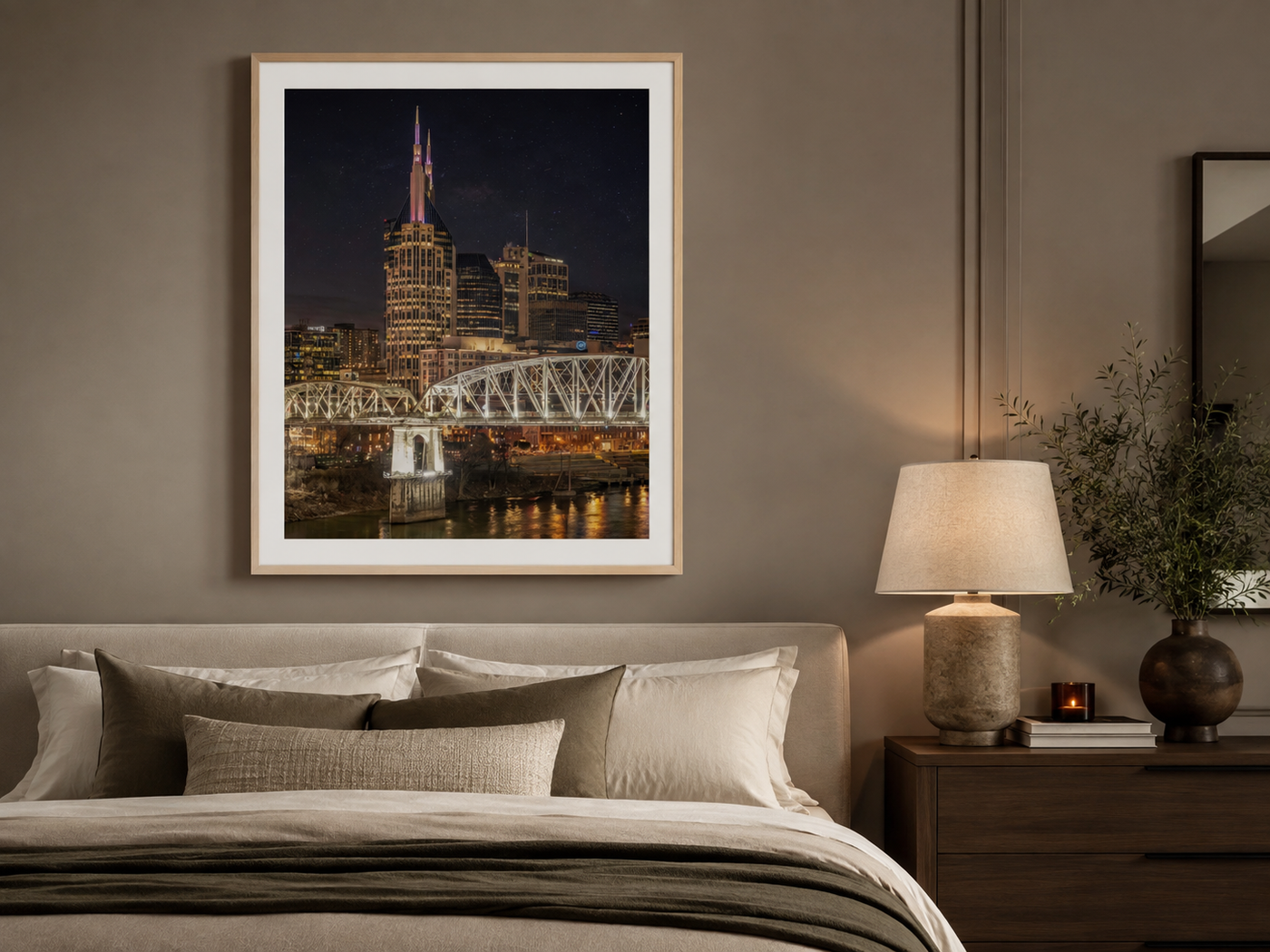 Nashville skyline night fine art print displayed in a luxury bedroom