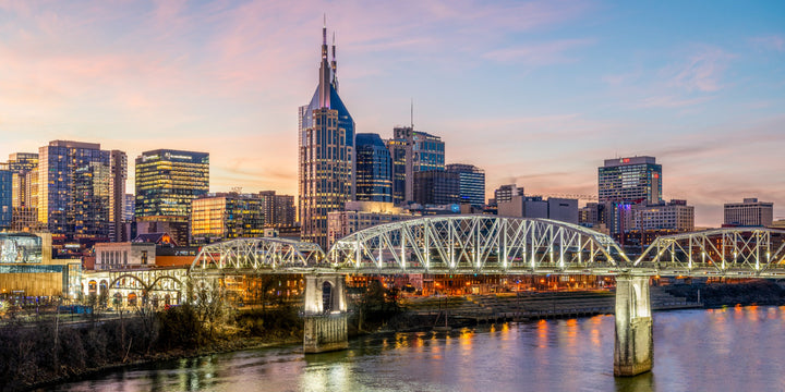 Nashville skyline and John Seigenthaler Pedestrian Bridge limited edition fine art photograph at sunset
