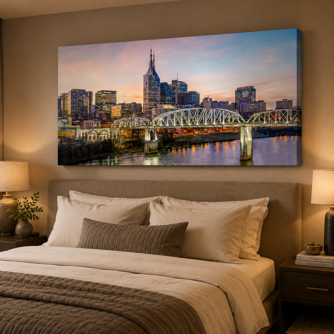 Nashville skyline limited edition canvas print displayed above a luxury bedroom