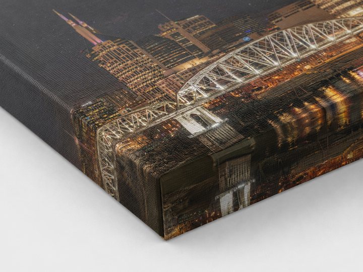 Nashville skyline at night fine art photograph shown as a canvas finish corner closeup