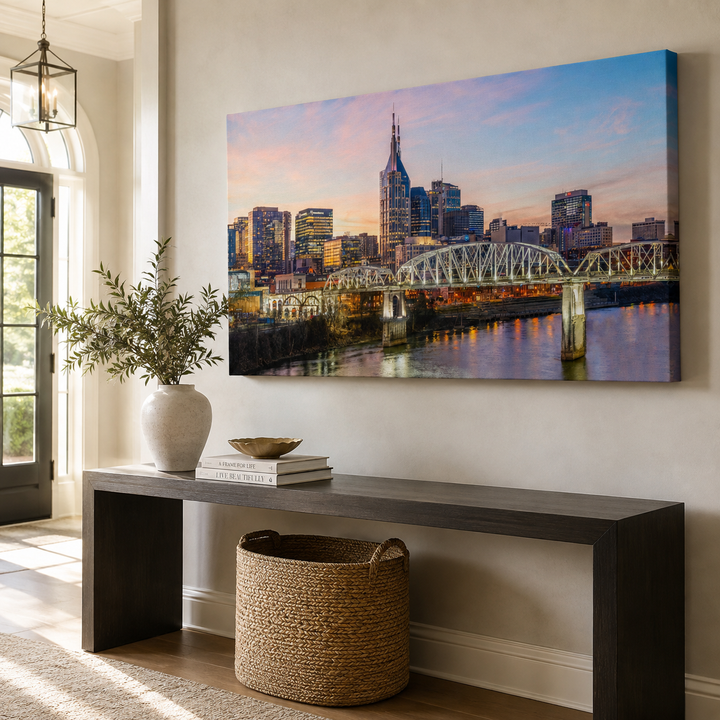 Nashville skyline limited edition canvas print displayed in a bright upscale entryway