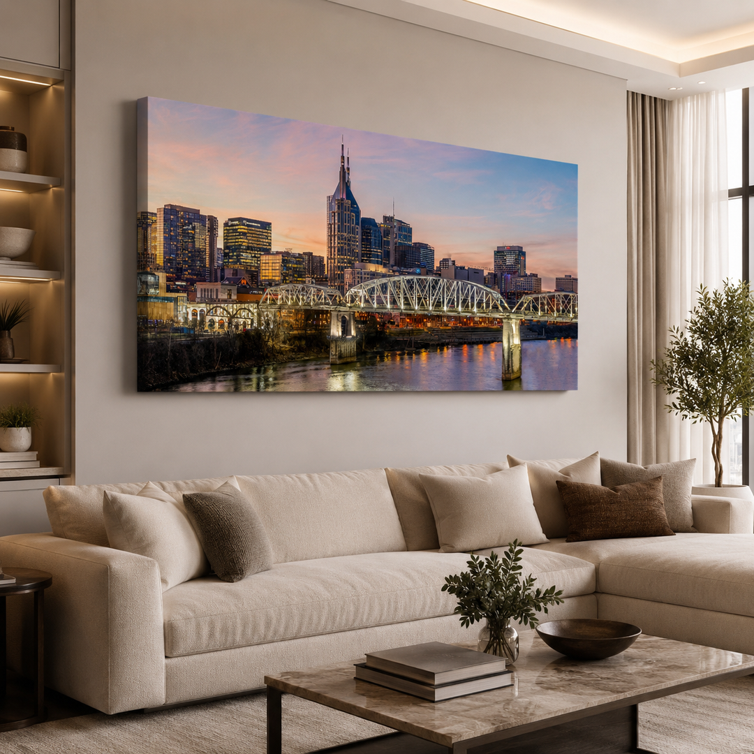 Nashville skyline limited edition canvas print displayed in a luxury living room