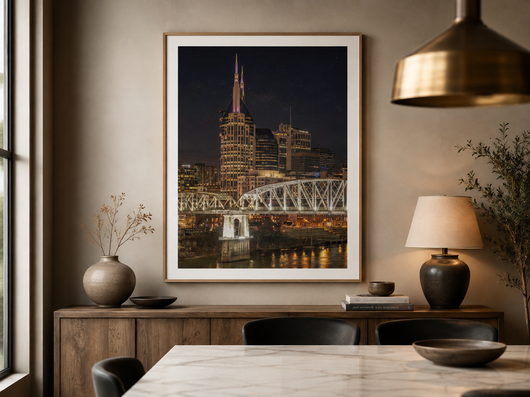 Nashville skyline night fine art print displayed in an upscale dining room