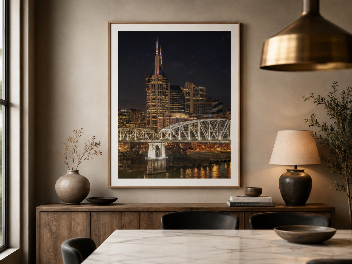 Nashville skyline night fine art print displayed in an upscale dining room