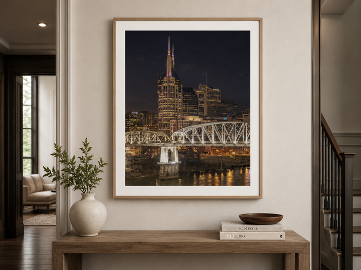 Nashville skyline night fine art print displayed in a refined entryway