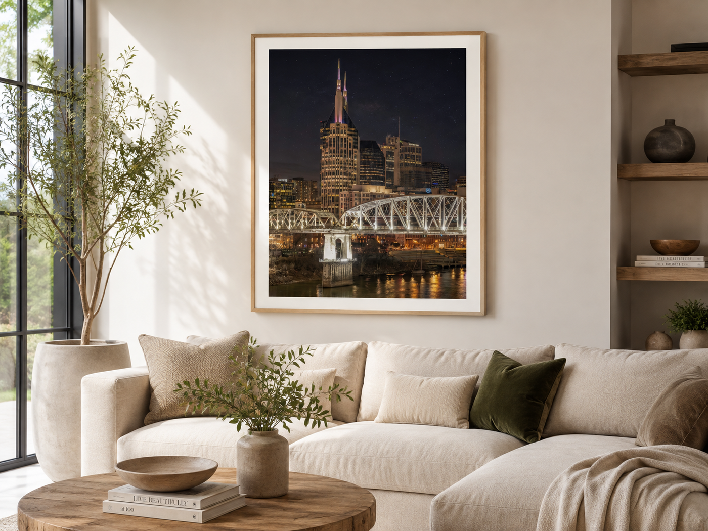Nashville skyline night fine art print displayed in a bright modern living room