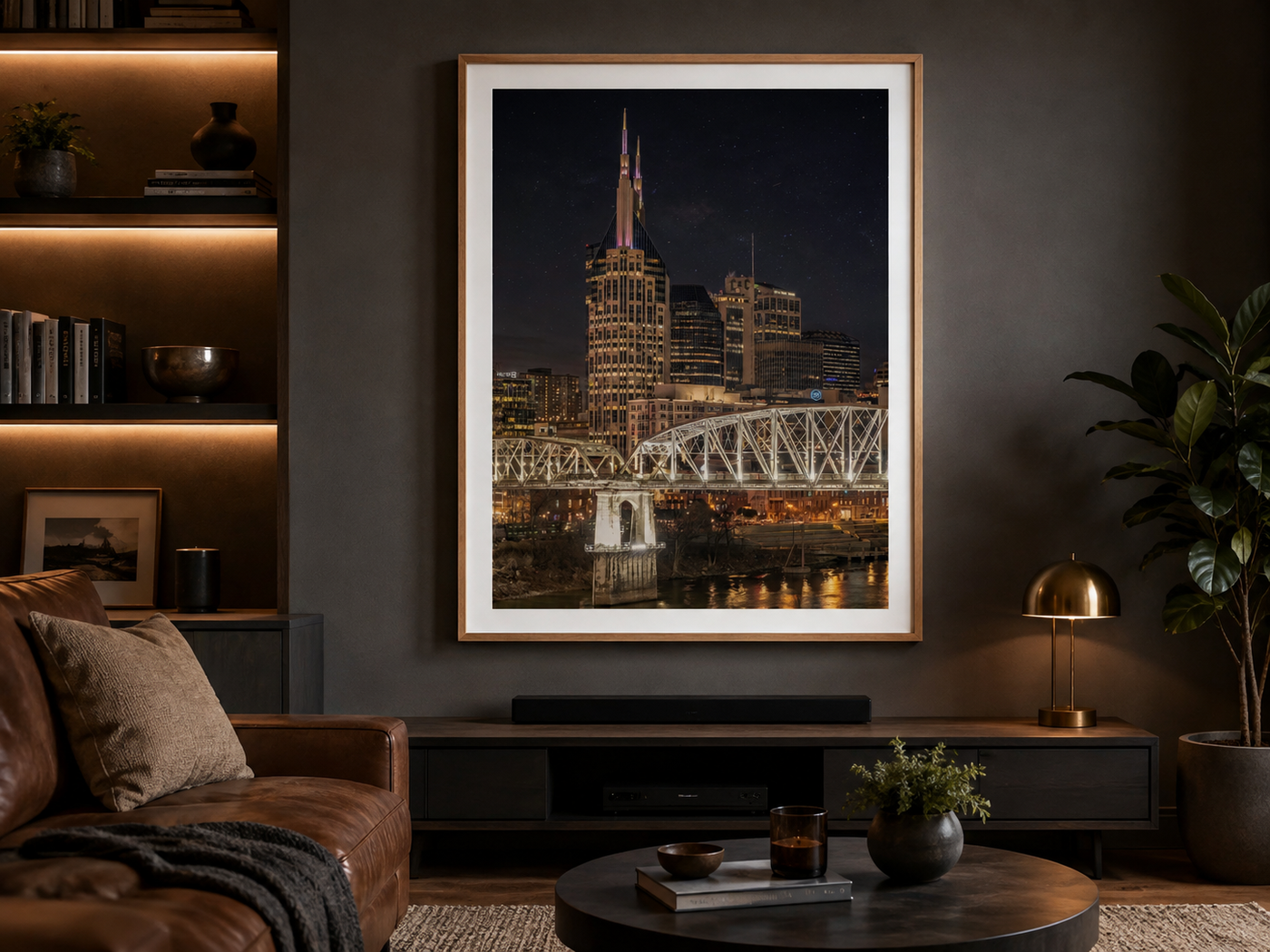 Nashville skyline night fine art print displayed in a warm modern media room
