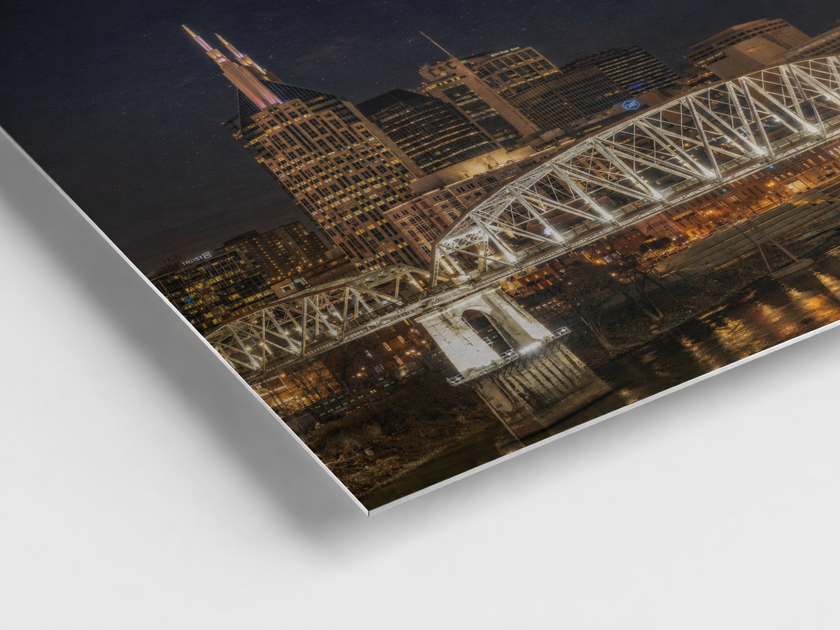 Nashville skyline at night fine art photograph shown as a metal finish corner closeup