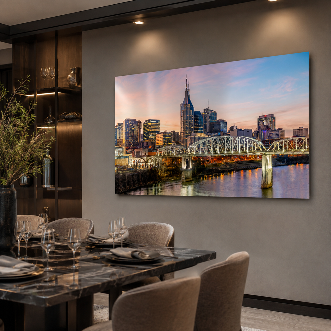 Nashville skyline limited edition metal print displayed in an elegant dining room