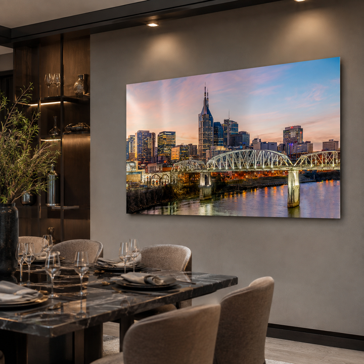 Nashville skyline limited edition metal print displayed in an elegant dining room