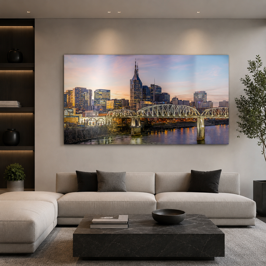Nashville skyline limited edition metal print displayed in a modern living room