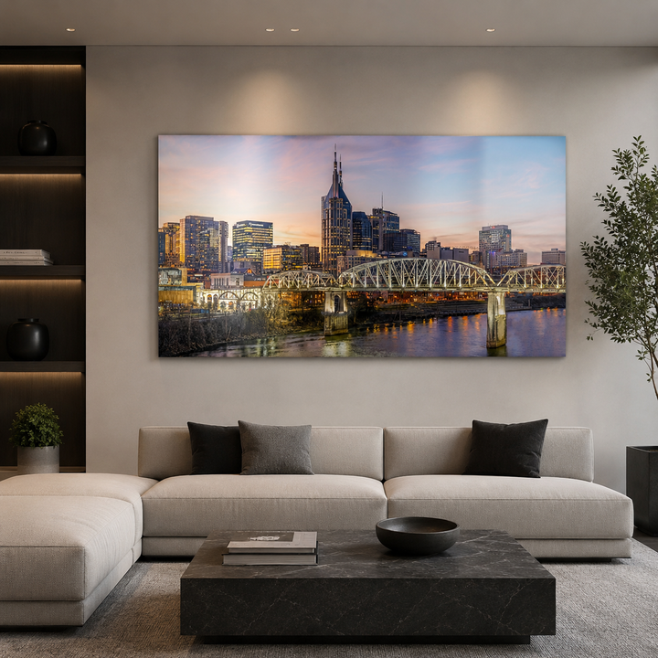 Nashville skyline limited edition metal print displayed in a modern living room