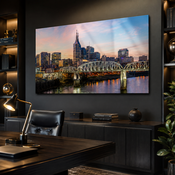 Nashville skyline limited edition metal print displayed in a luxury office