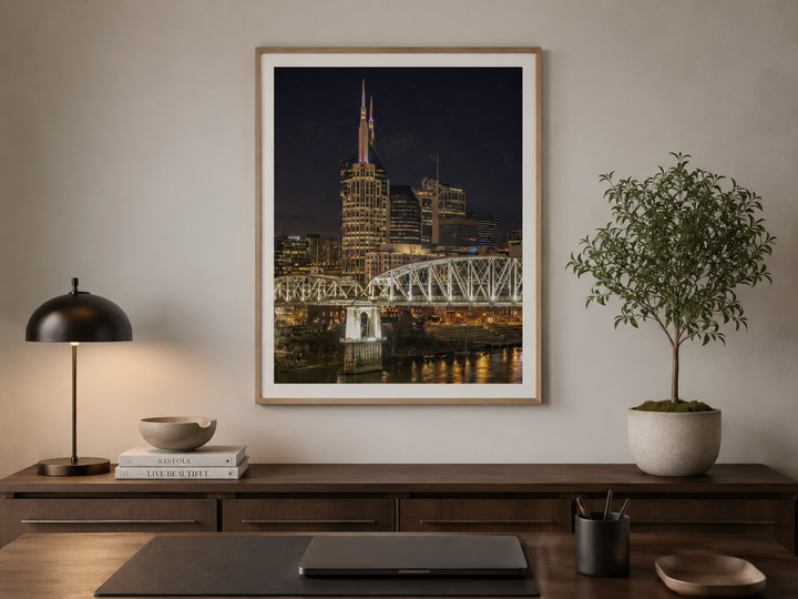 Nashville skyline night fine art print displayed in a sophisticated home office
