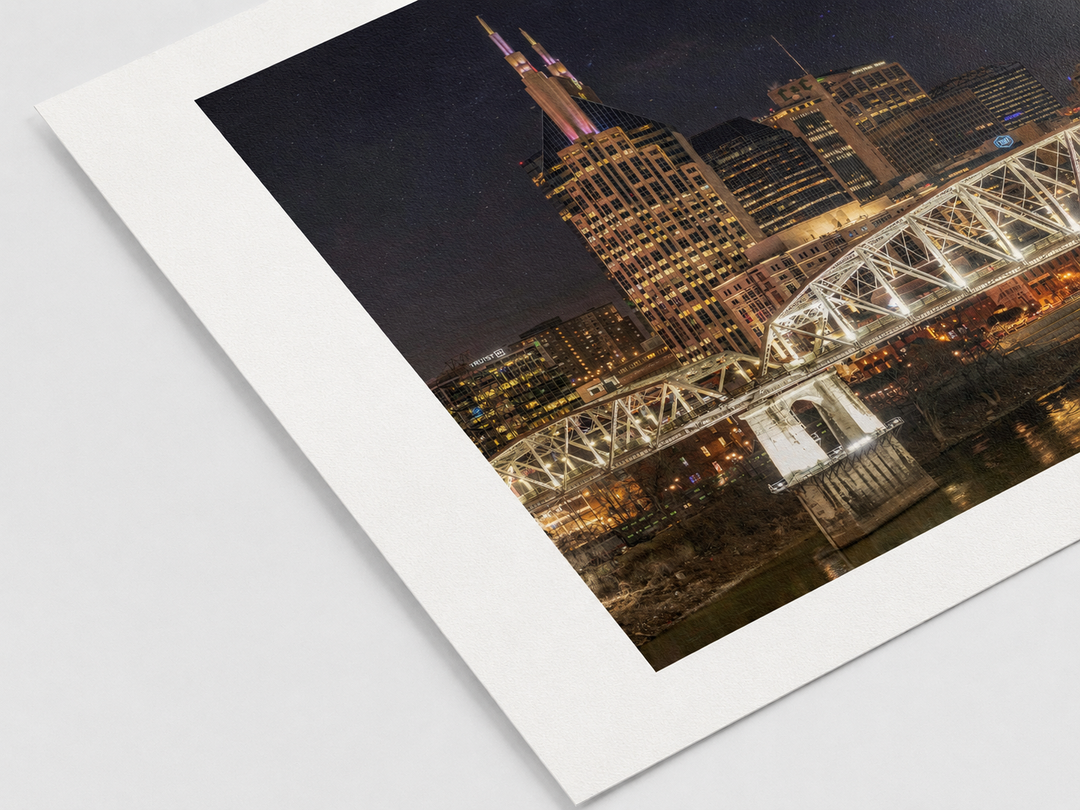 Nashville skyline at night fine art photograph shown as a paper finish corner closeup