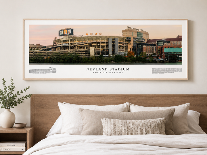 Neyland Stadium panoramic print displayed in a contemporary bedroom