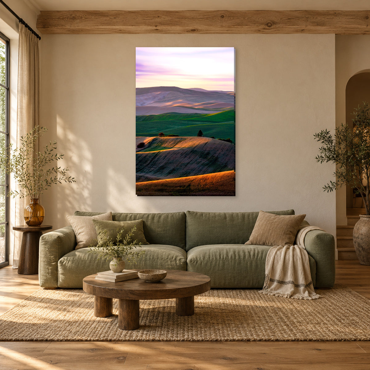 Palouse rolling hills fine art print displayed in a sage living room, without a frame; room mockup.