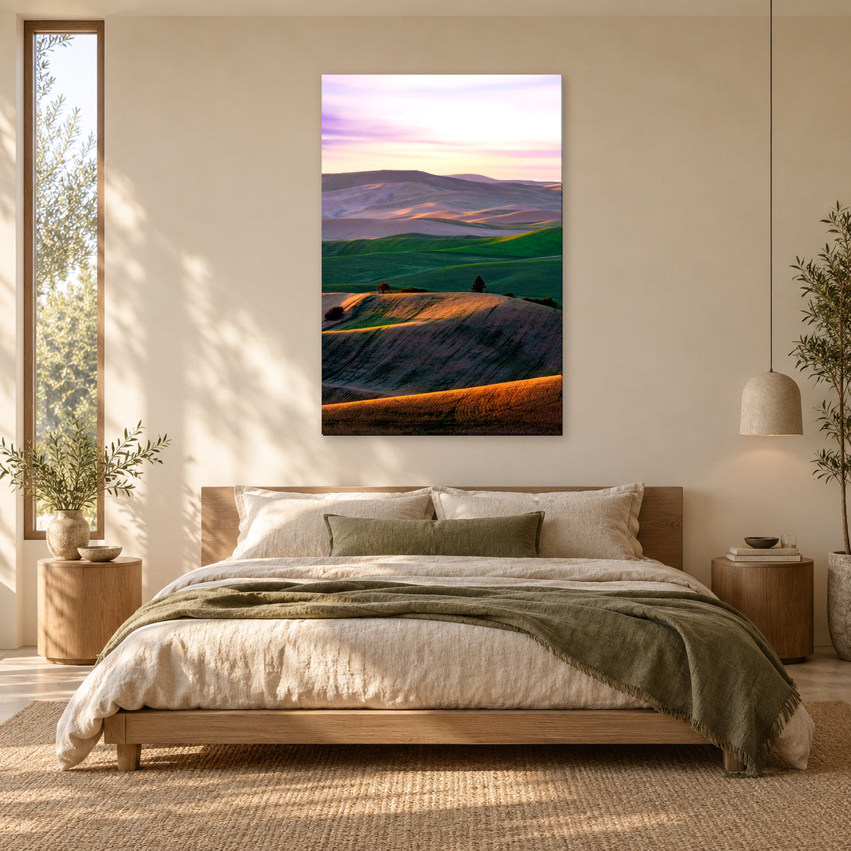 Palouse rolling hills fine art print displayed in a linen bedroom, without a frame; room mockup.
