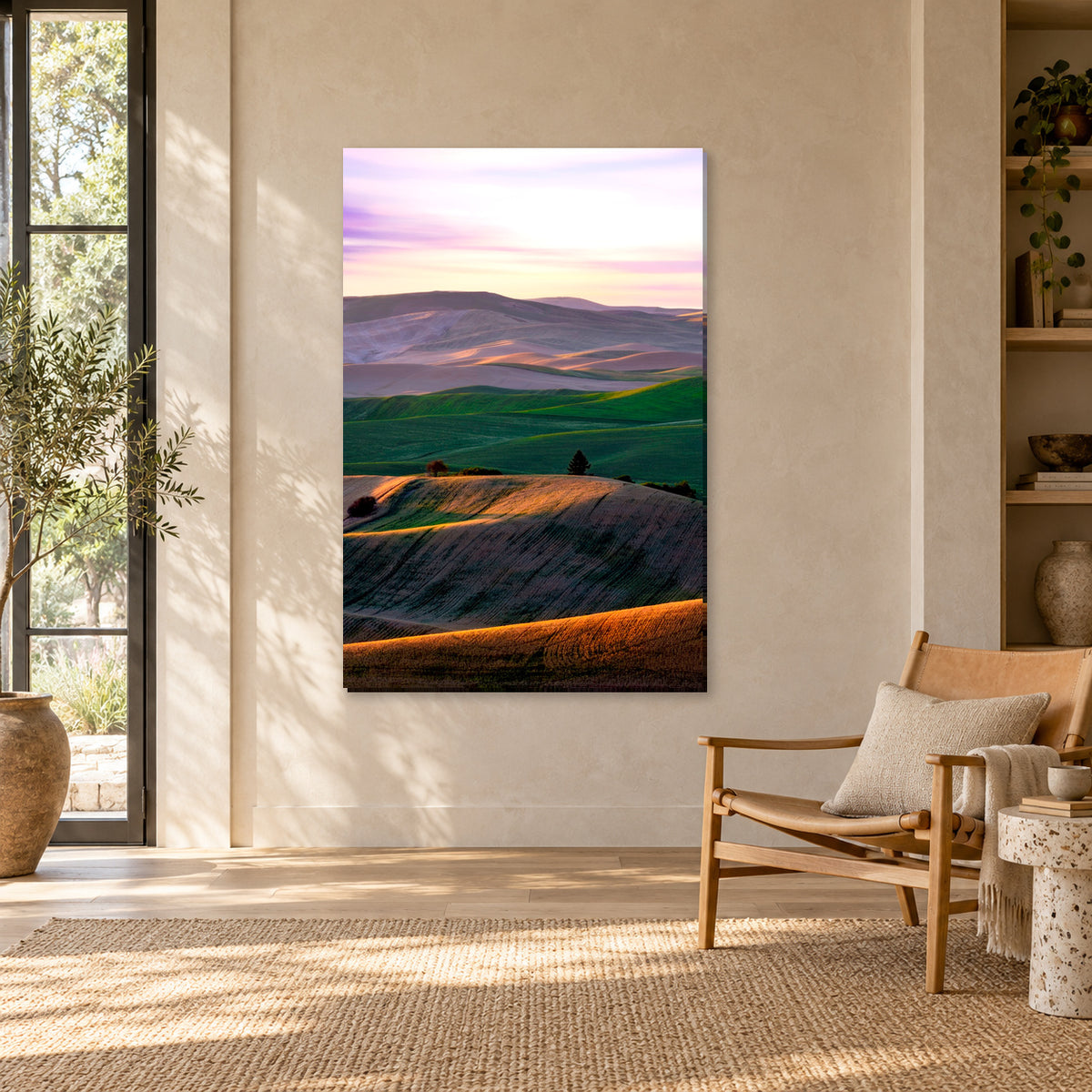 Palouse rolling hills fine art print displayed in a garden reading room, without a frame; room mockup.