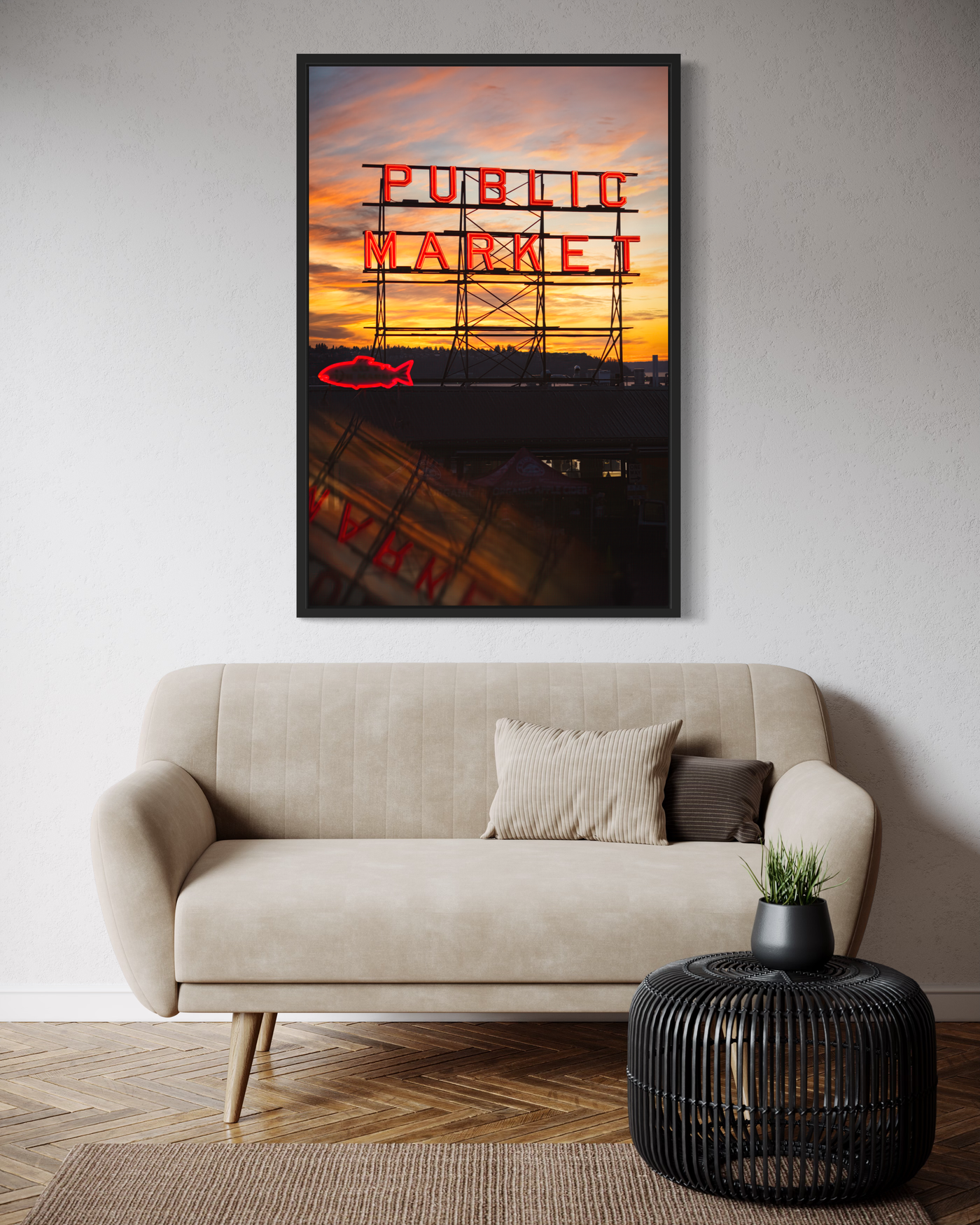 Pike Place Market Neon Sign Seattle displayed in an elegant room interior
