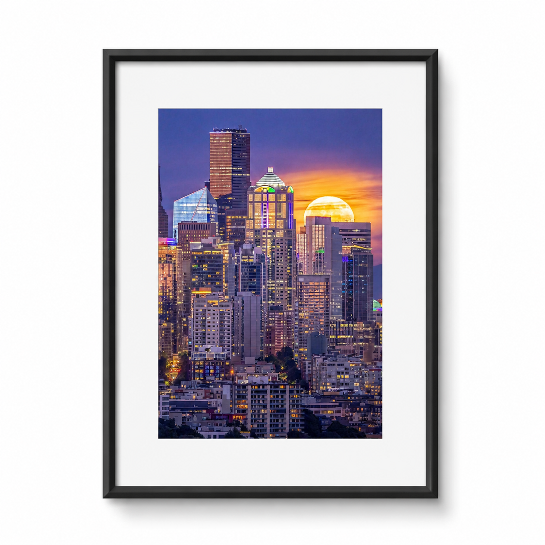 Seattle Supermoon Fine Art Photography Print in a black frame with white mat